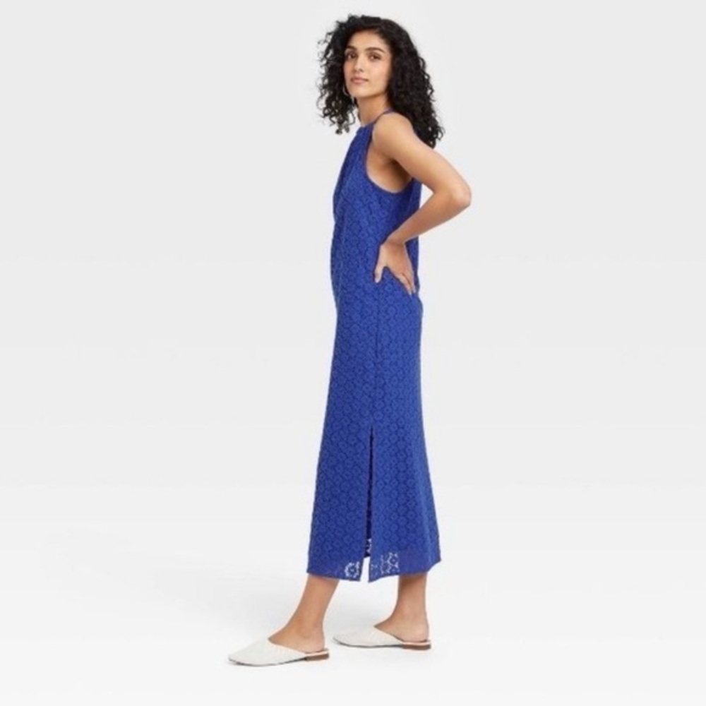 A New Day Blue Crochet‎ Lace Halter Midi Dress | 100% Cotton | Size Small - Picture 4 of 17